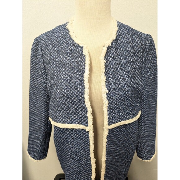J. McLaughlin Blue White Fringe Trim Tweed Blazer Jacket sz M Officewear Chic - Picture 5 of 12
